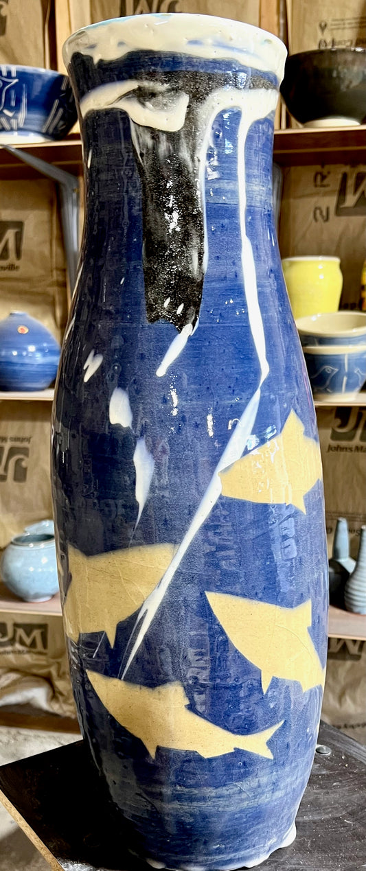 Tall Vase with fish on blue background